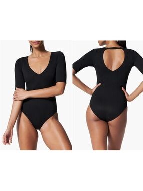 Spanx Pique Shaping Swimsuit M Black Short Sleeve One Piece Sculpt UPF50 NWOT